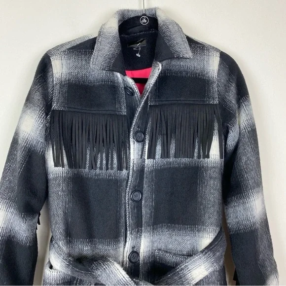 New Mother Fringe Plaid Flannel Coat Shirt Jacket Shacket Western Boho XS
